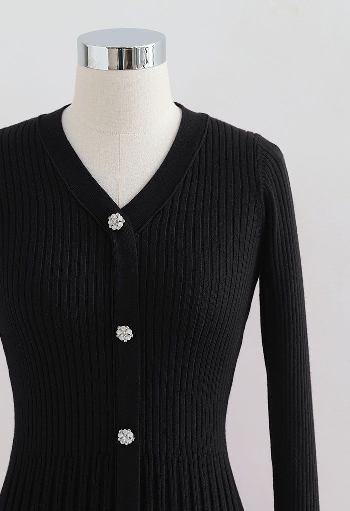 Button Front Ribbed Knit A-line Midi Dress in Black