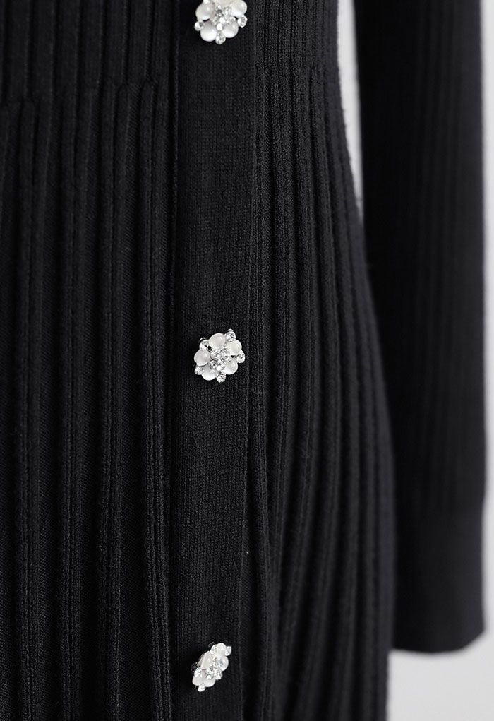 Button Front Ribbed Knit A-line Midi Dress in Black