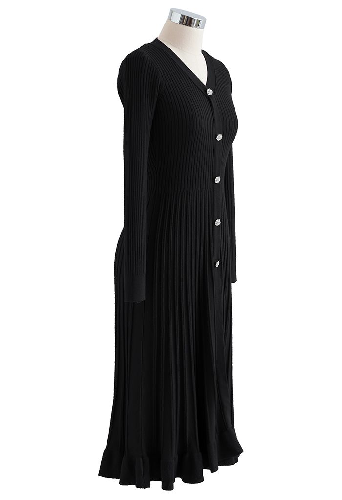 Button Front Ribbed Knit A-line Midi Dress in Black