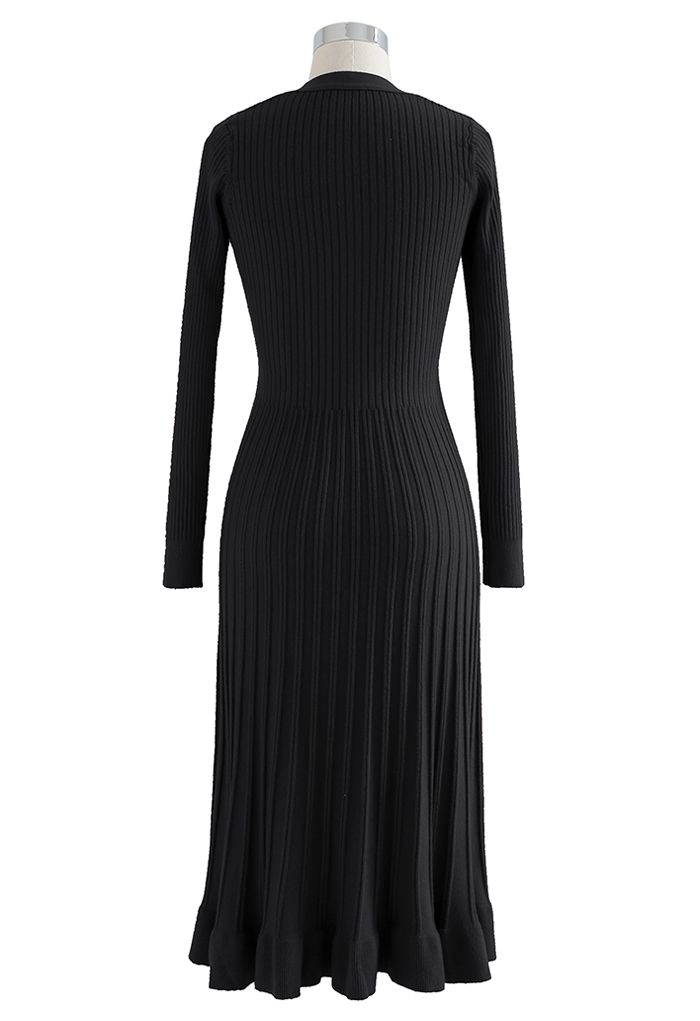 Button Front Ribbed Knit A-line Midi Dress in Black