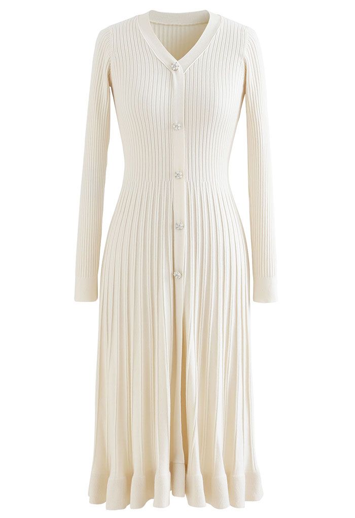 Button Front Ribbed Knit A-line Midi Dress in Cream