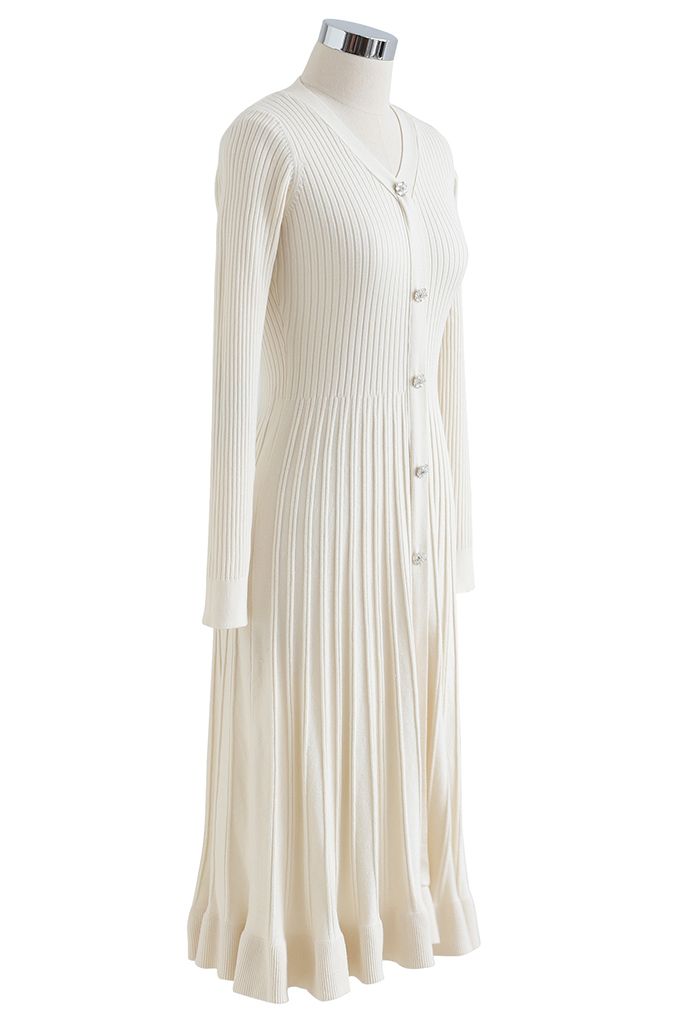 Button Front Ribbed Knit A-line Midi Dress in Cream