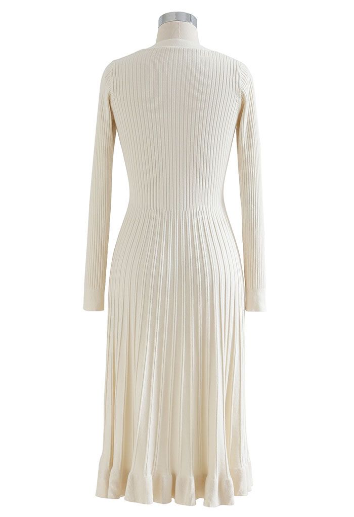 Button Front Ribbed Knit A-line Midi Dress in Cream