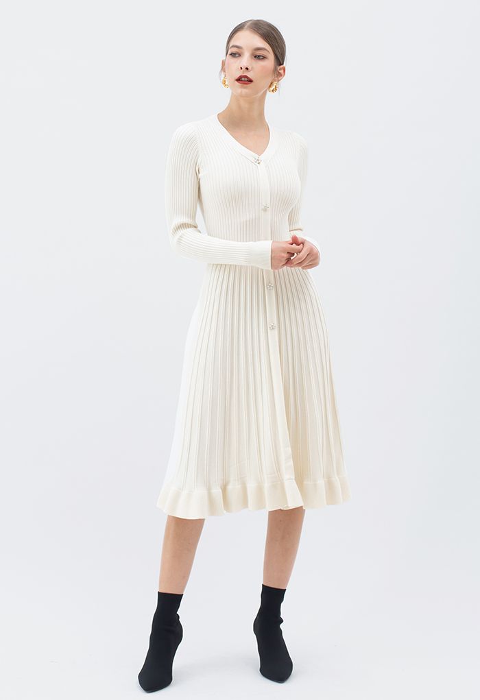 Button Front Ribbed Knit A-line Midi Dress in Cream
