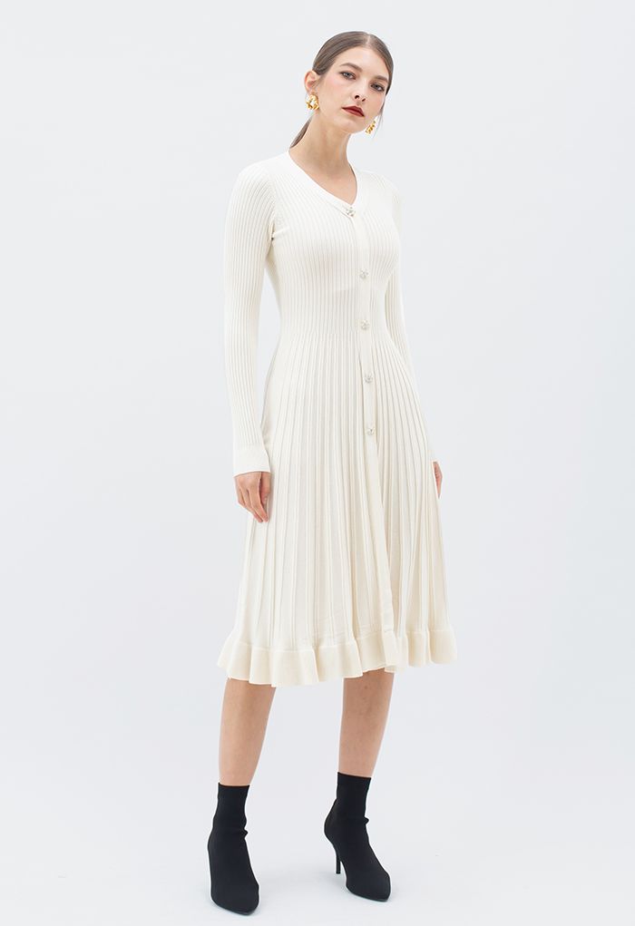 Button Front Ribbed Knit A-line Midi Dress in Cream