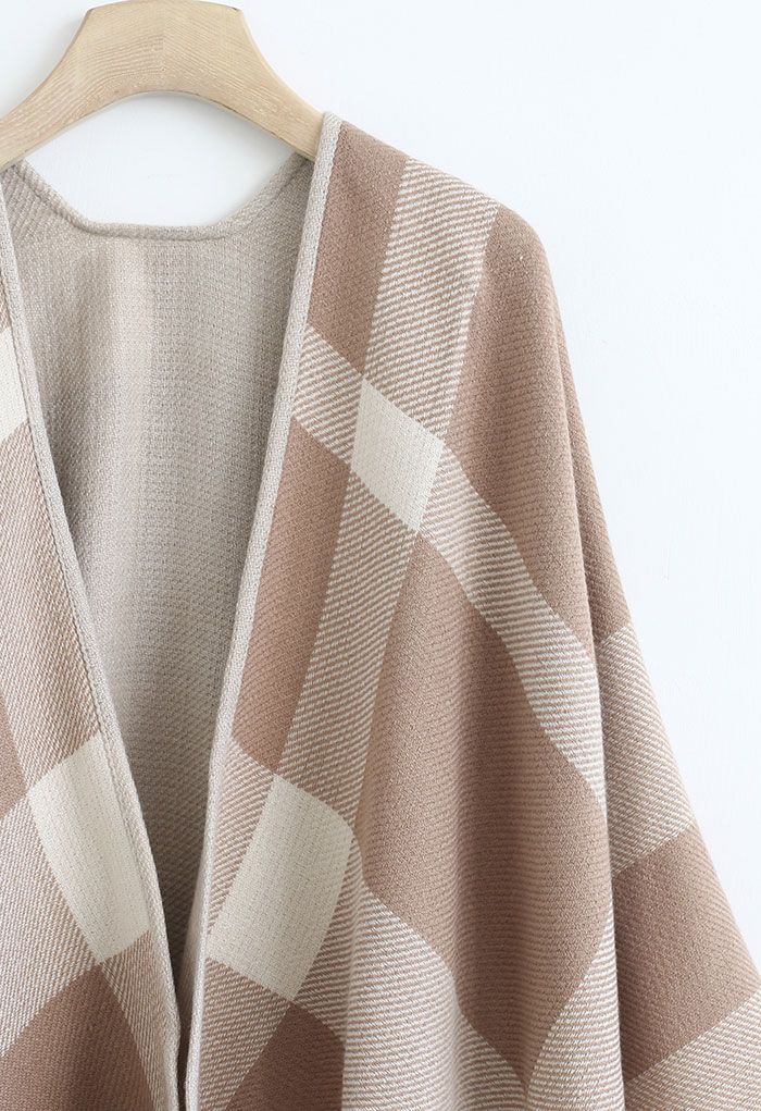 Single-Sided Check Print Reversible Poncho in Taupe