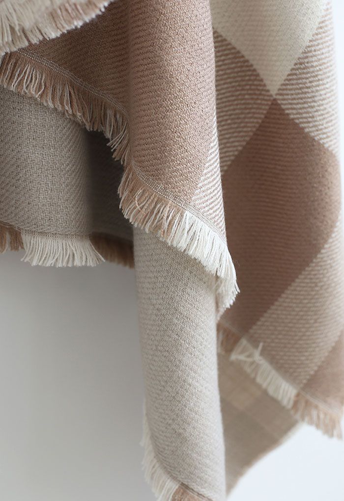 Single-Sided Check Print Reversible Poncho in Taupe