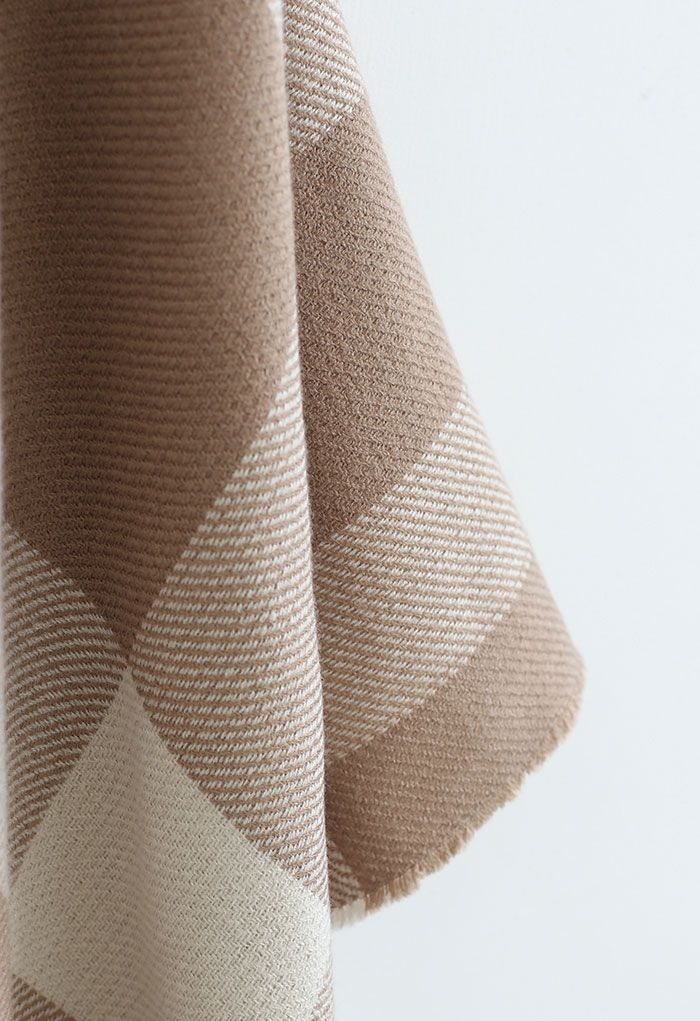 Single-Sided Check Print Reversible Poncho in Taupe