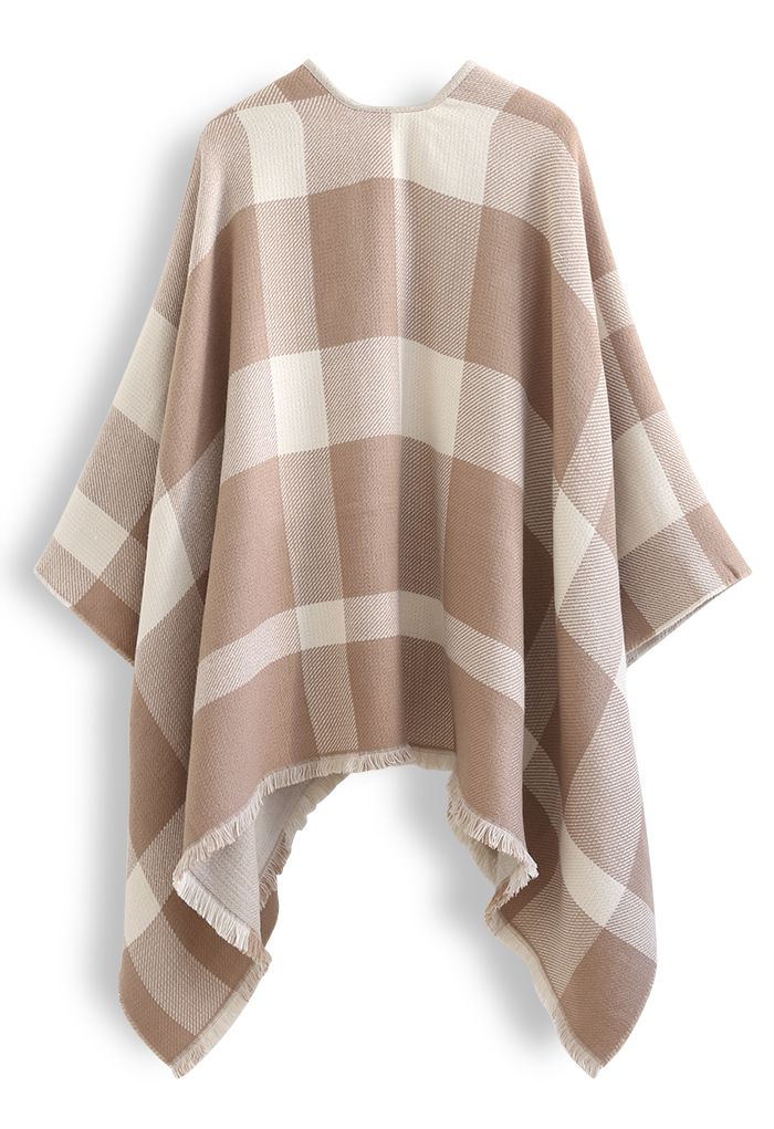 Single-Sided Check Print Reversible Poncho in Taupe