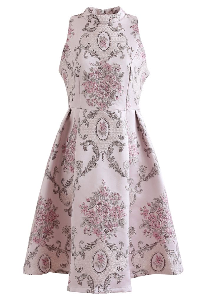 Splendid Peony Baroque Jacquard Sleeveless Dress in Pink