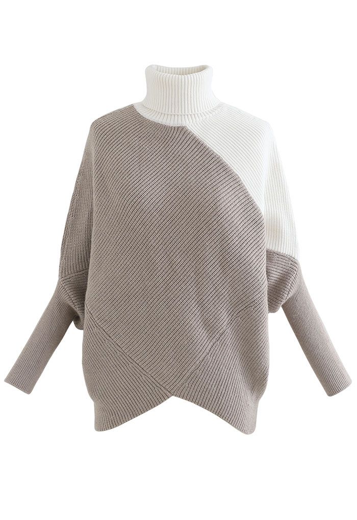 Turtleneck Batwing Sleeve Asymmetric Knit Sweater in Taupe