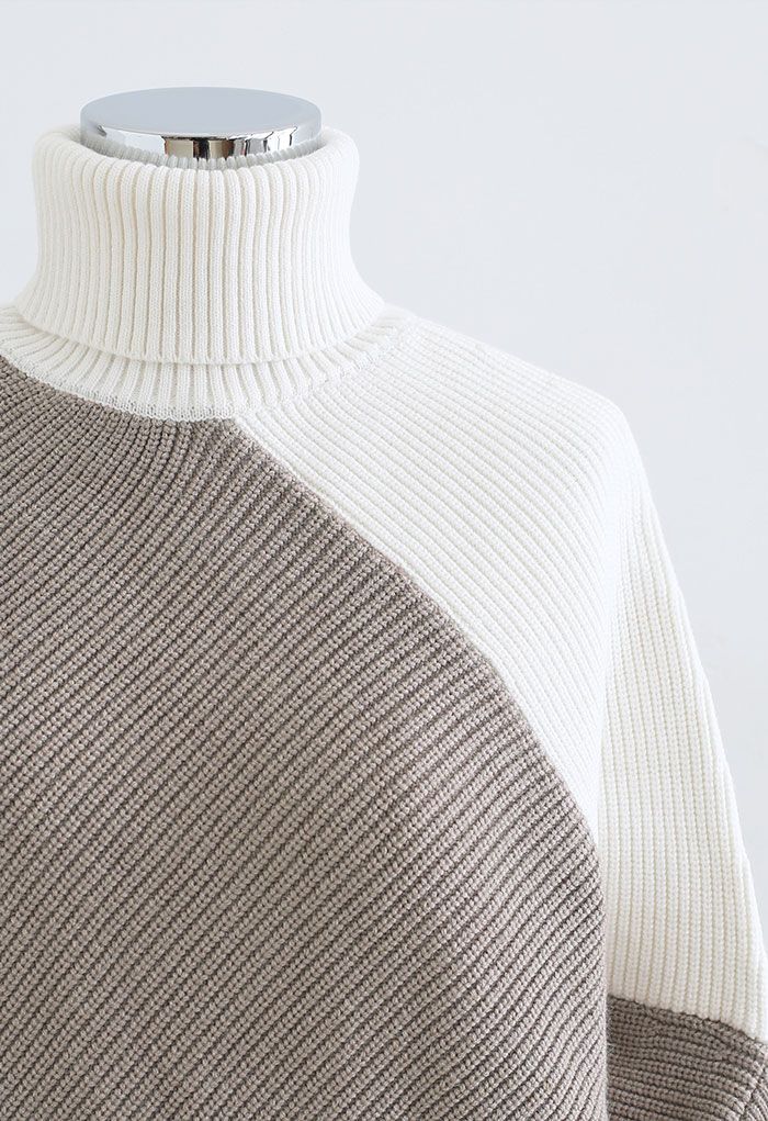 Turtleneck Batwing Sleeve Asymmetric Knit Sweater in Taupe