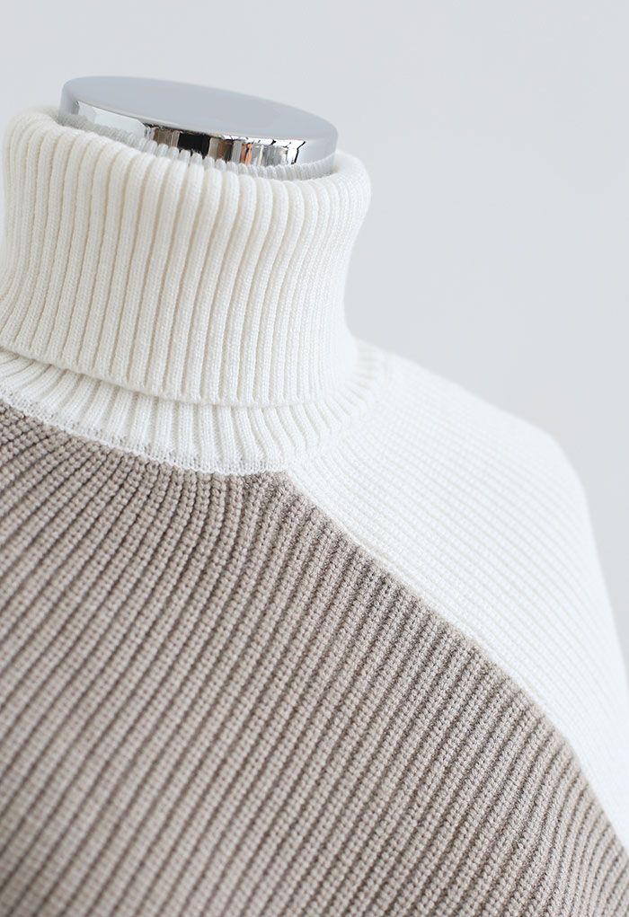 Turtleneck Batwing Sleeve Asymmetric Knit Sweater in Taupe