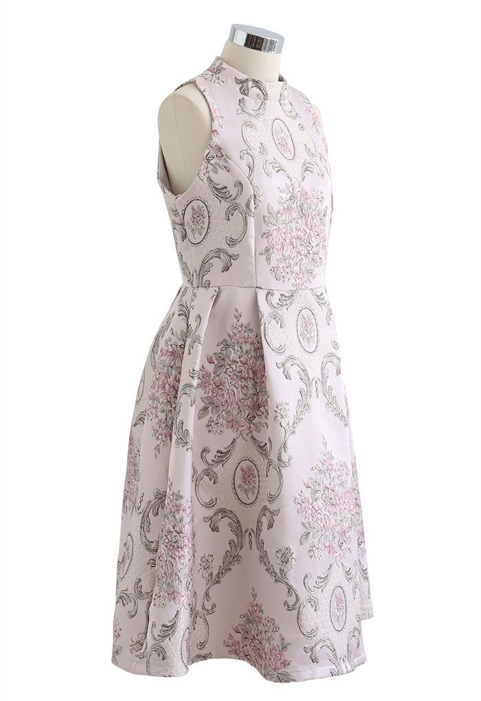 Splendid Peony Baroque Jacquard Sleeveless Dress in Pink
