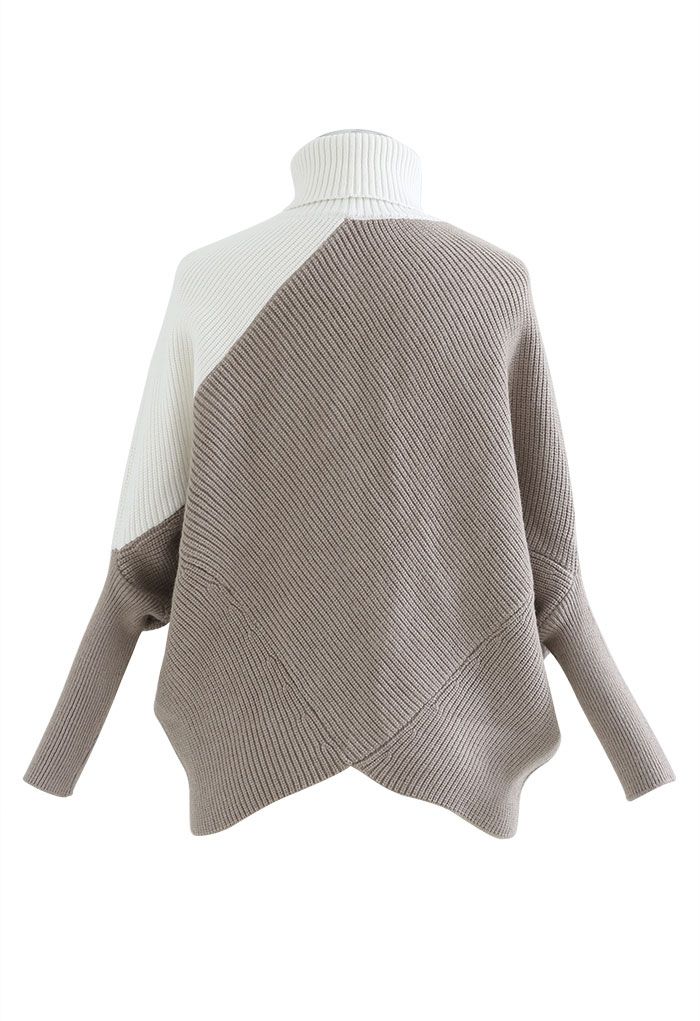 Turtleneck Batwing Sleeve Asymmetric Knit Sweater in Taupe