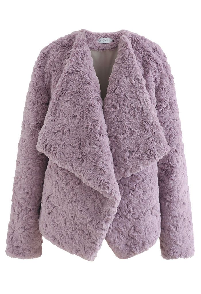 Wide Lapel Snug Faux Fur Coat in Purple