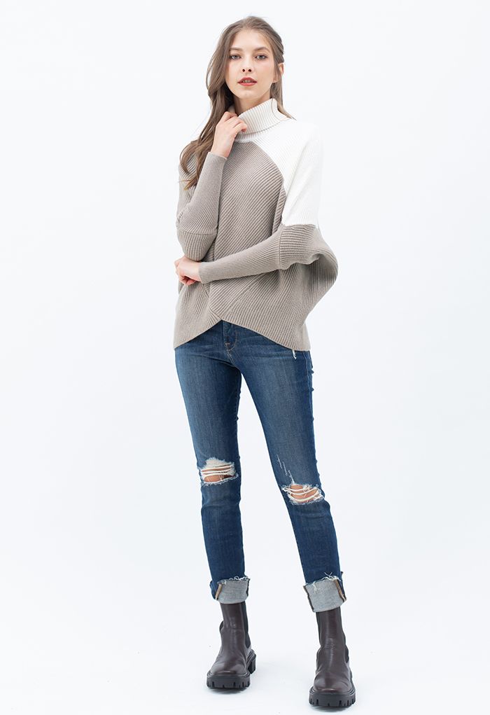 Turtleneck Batwing Sleeve Asymmetric Knit Sweater in Taupe