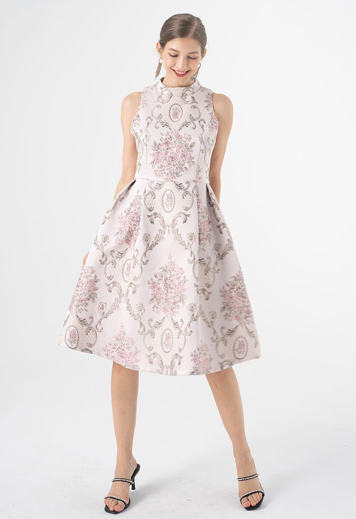 Splendid Peony Baroque Jacquard Sleeveless Dress in Pink