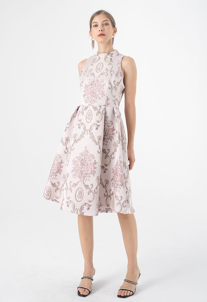 Splendid Peony Baroque Jacquard Sleeveless Dress in Pink