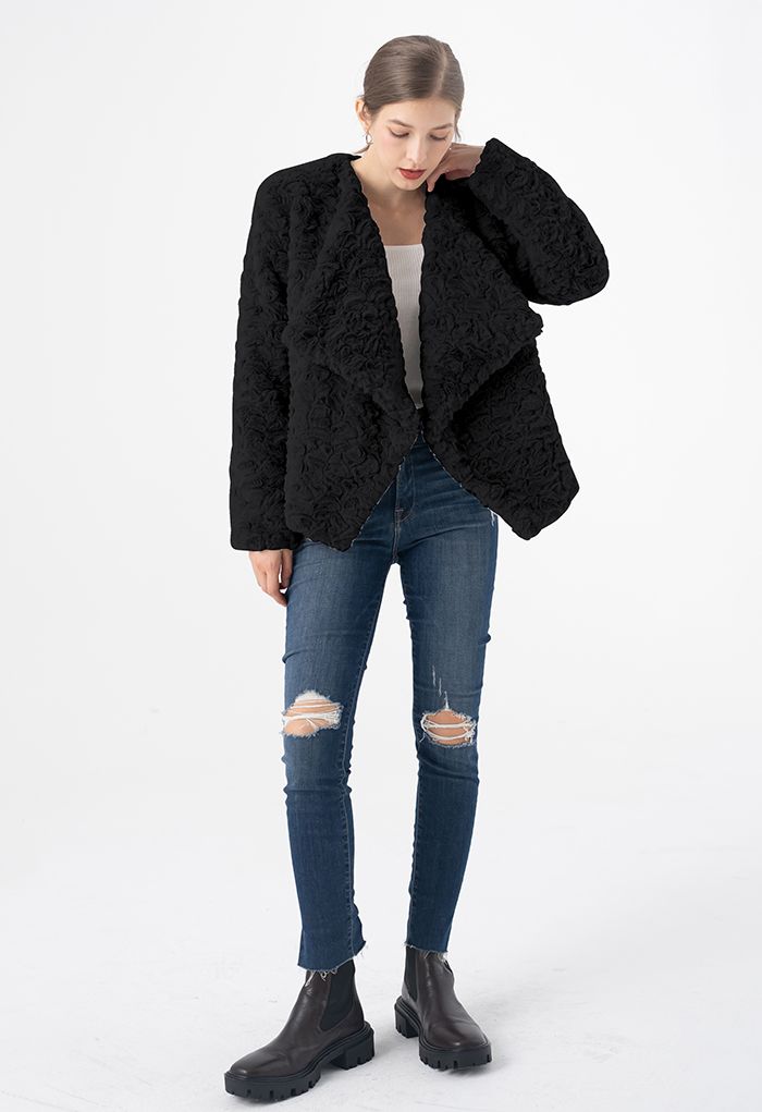 Wide Lapel Snug Faux Fur Coat in Black