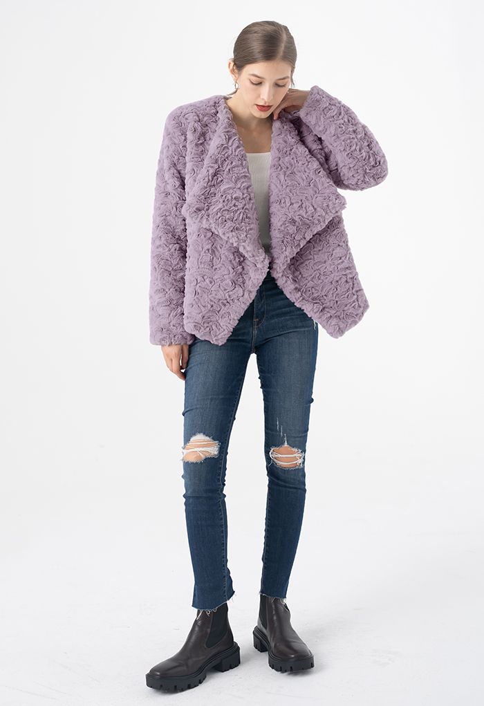 Wide Lapel Snug Faux Fur Coat in Purple