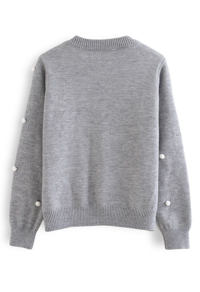 Contrast Pom-Pom Ball Knit Cardigan in Grey