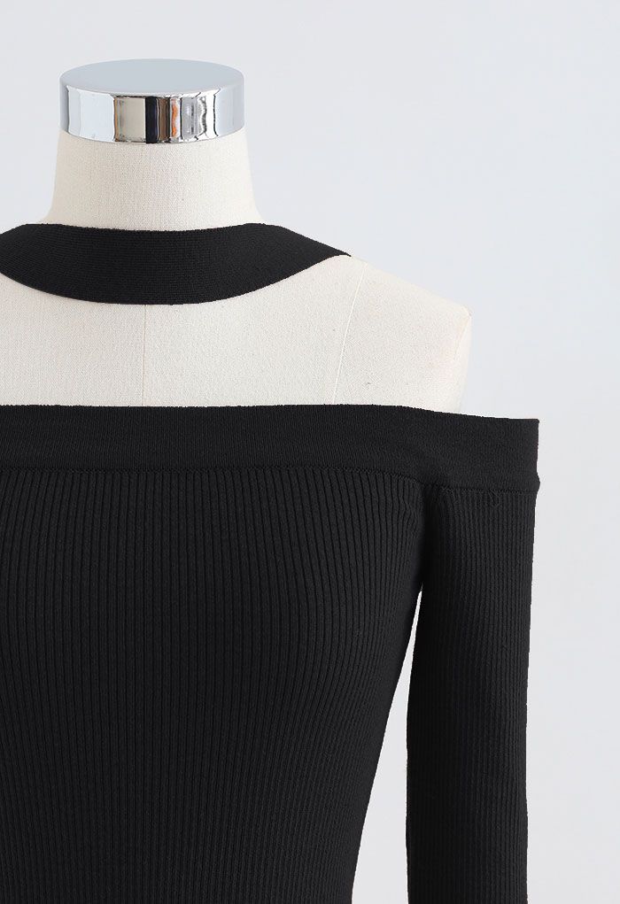 Halter Neck Off-Shoulder Crop Knit Top in Black