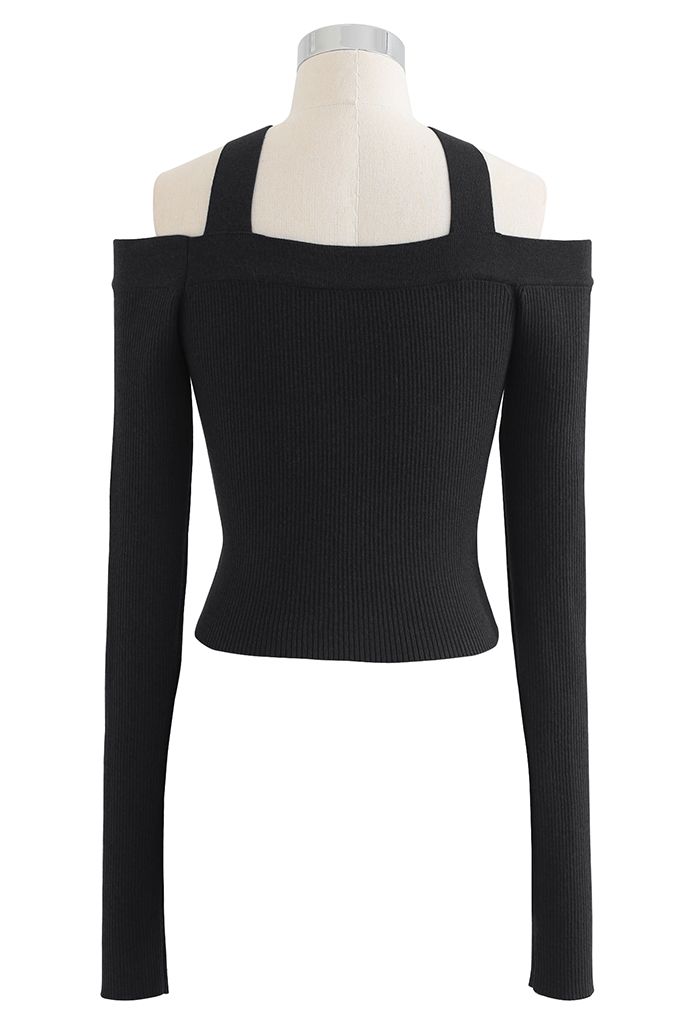 Halter Neck Off-Shoulder Crop Knit Top in Black
