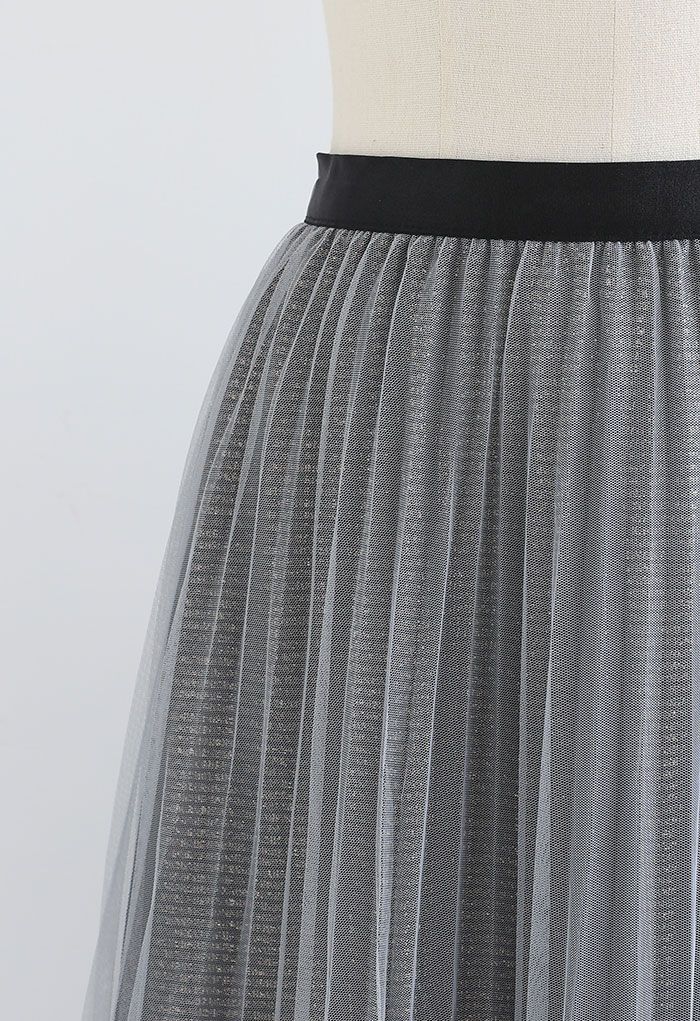 Gradient Mesh Glitter Pleated Midi Skirt in Dusty Blue