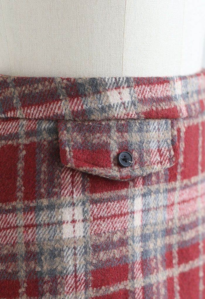 Red Plaid Wool-Blend Mini Bud Skirt