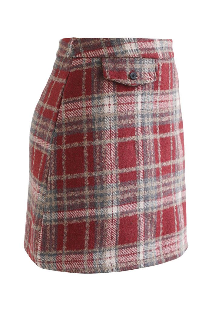 Red Plaid Wool-Blend Mini Bud Skirt