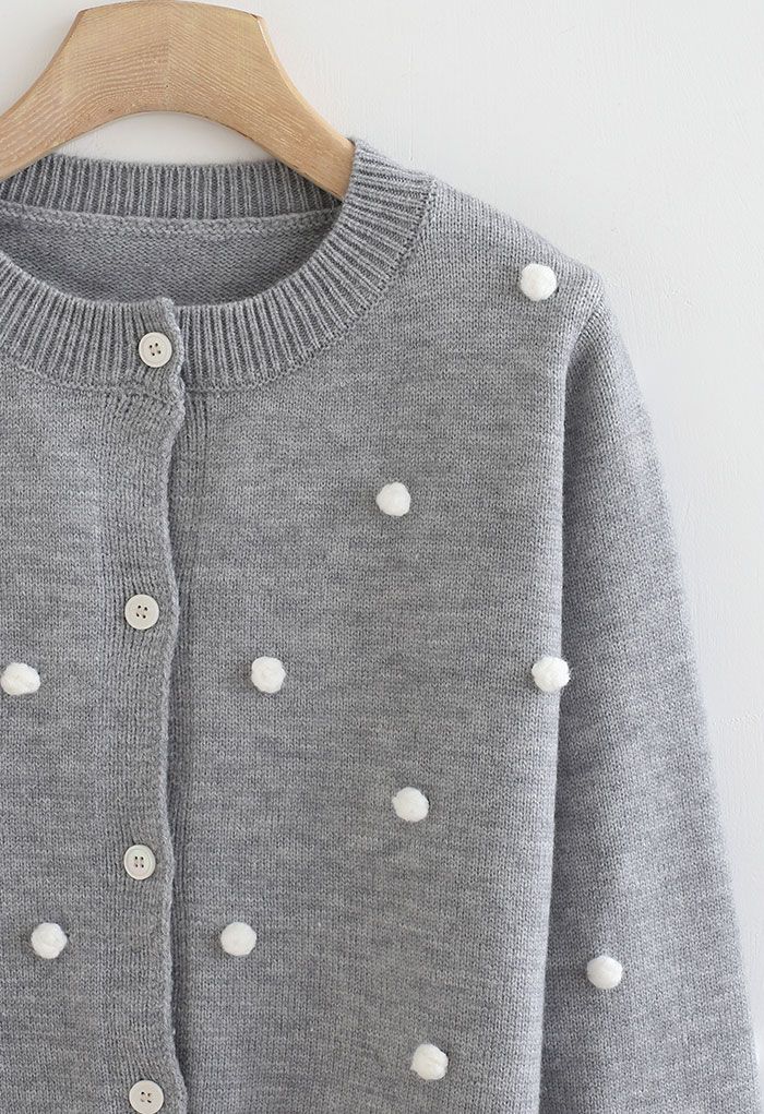 Contrast Pom-Pom Ball Knit Cardigan in Grey
