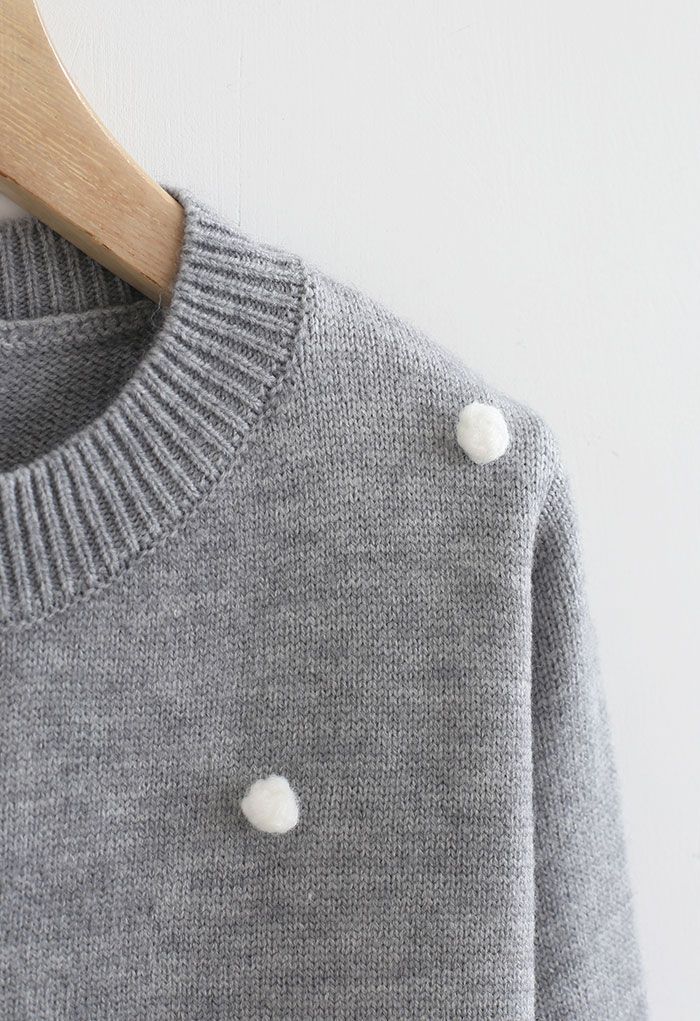 Contrast Pom-Pom Ball Knit Cardigan in Grey