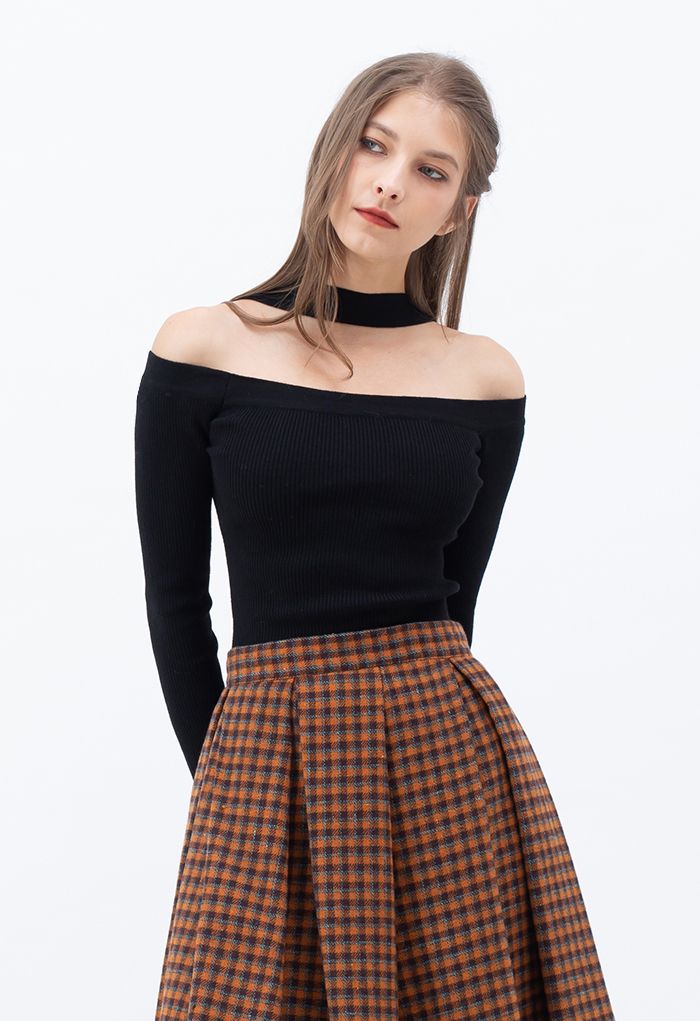 Halter Neck Off-Shoulder Crop Knit Top in Black