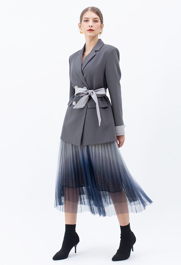 Gradient Mesh Glitter Pleated Midi Skirt in Dusty Blue