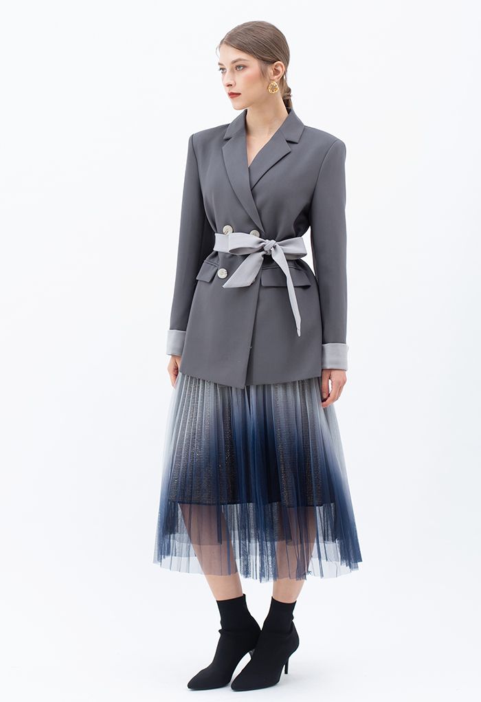 Gradient Mesh Glitter Pleated Midi Skirt in Dusty Blue