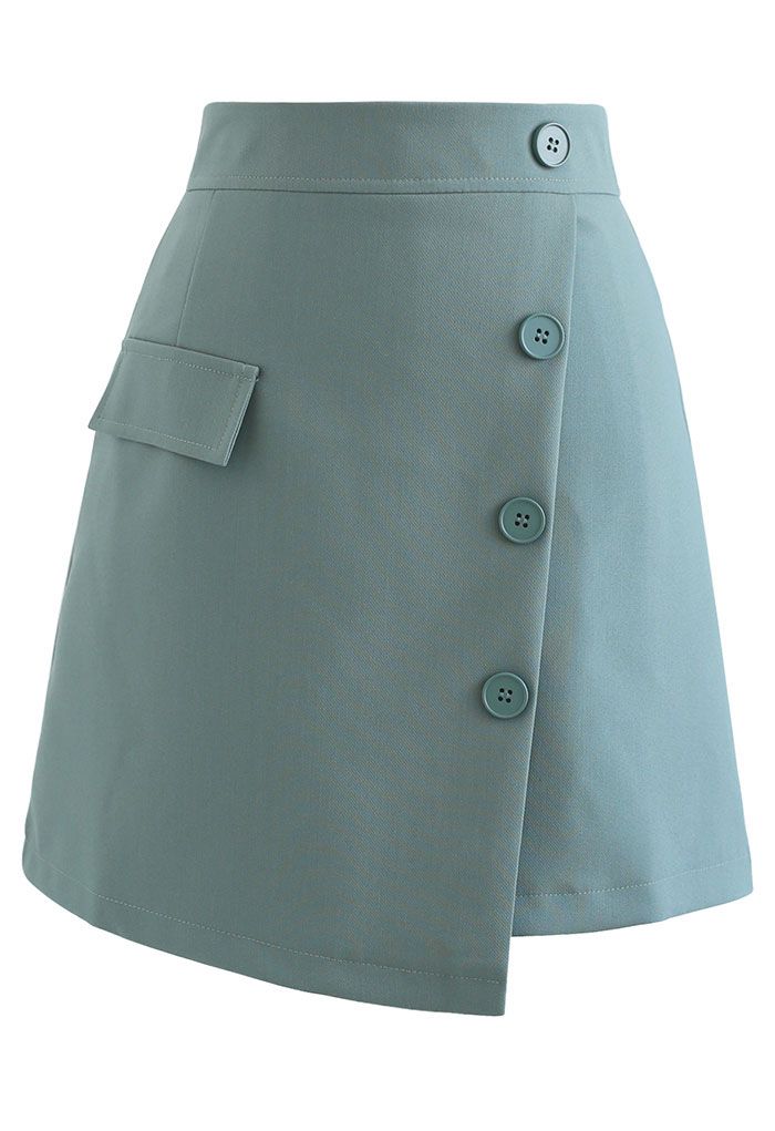 Buttoned Fake Pocket Flap Mini Skirt in Teal