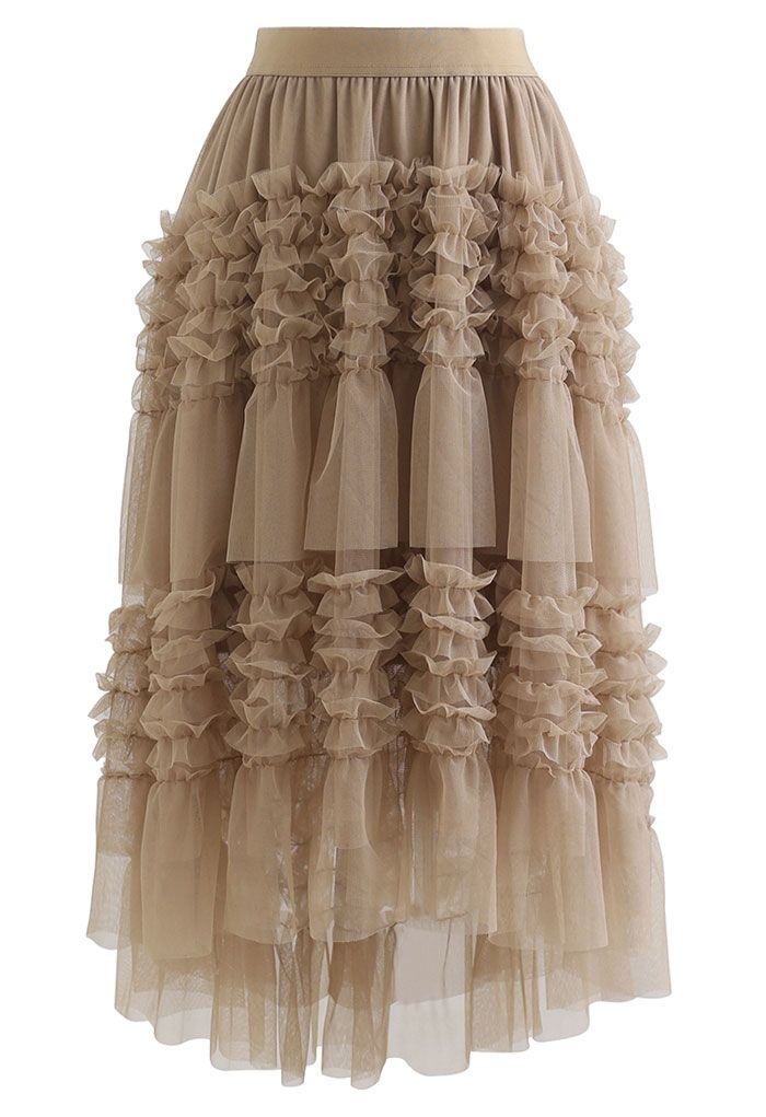 Ruffle Tiered Hi-Lo Mesh Tulle Skirt in Tan