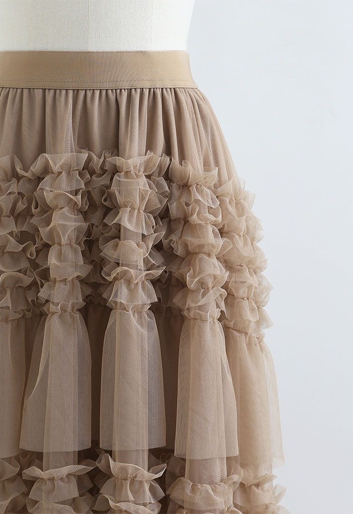 Ruffle Tiered Hi-Lo Mesh Tulle Skirt in Tan