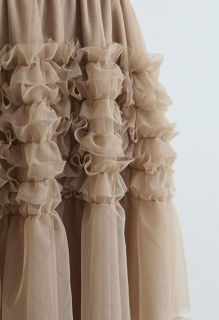 Ruffle Tiered Hi-Lo Mesh Tulle Skirt in Tan