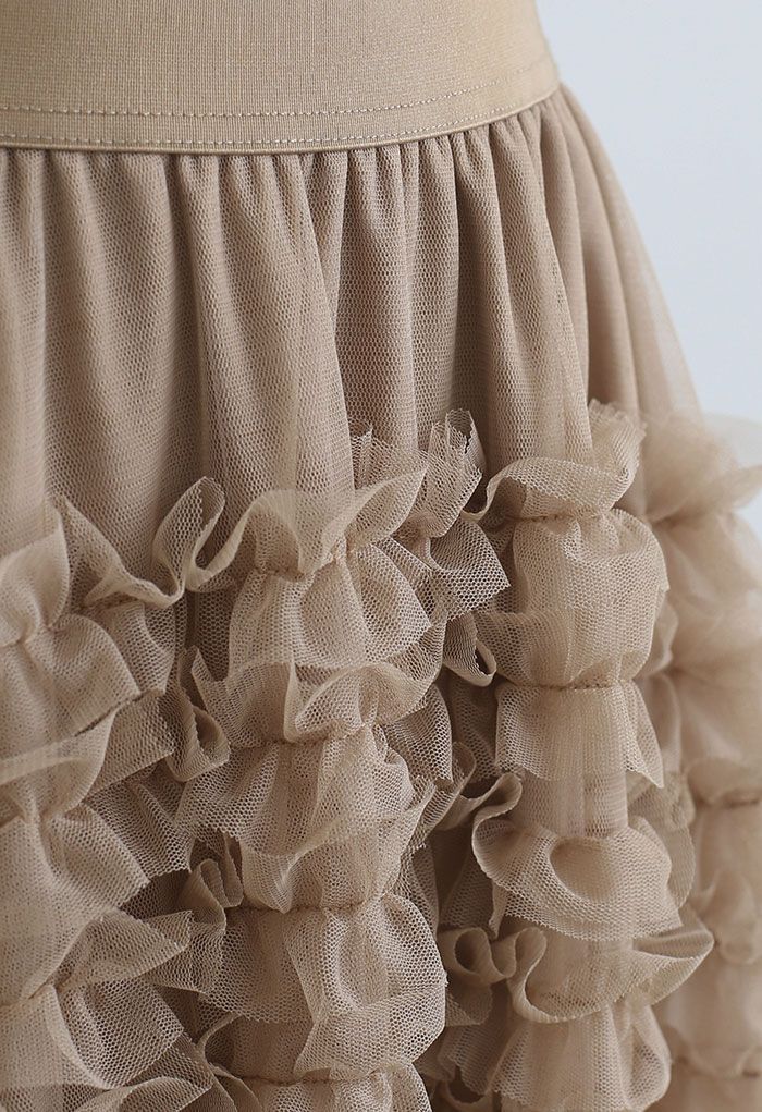 Ruffle Tiered Hi-Lo Mesh Tulle Skirt in Tan
