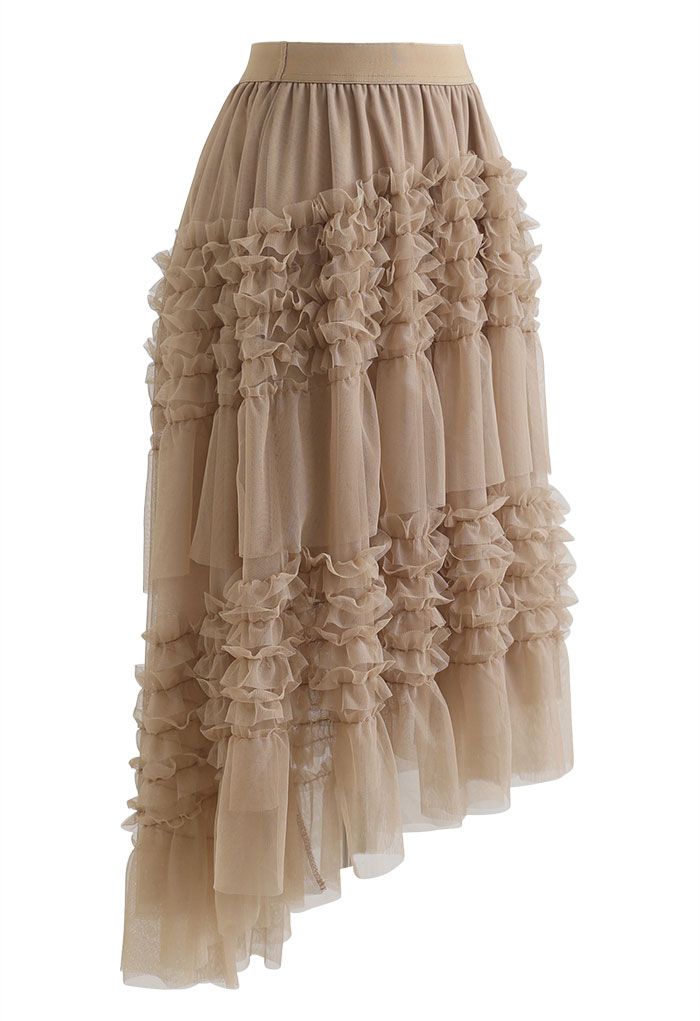 Ruffle Tiered Hi-Lo Mesh Tulle Skirt in Tan