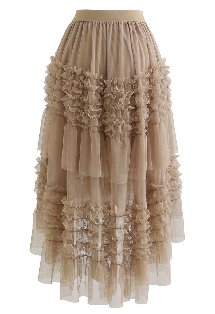 Ruffle Tiered Hi-Lo Mesh Tulle Skirt in Tan