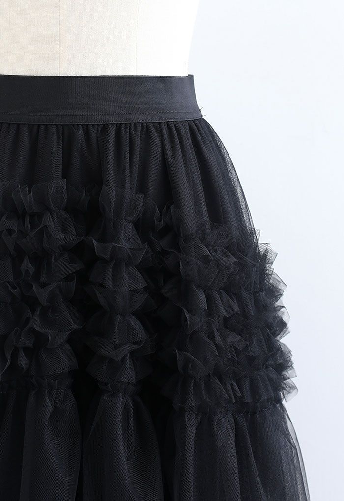 Ruffle Tiered Hi-Lo Mesh Tulle Skirt in Black