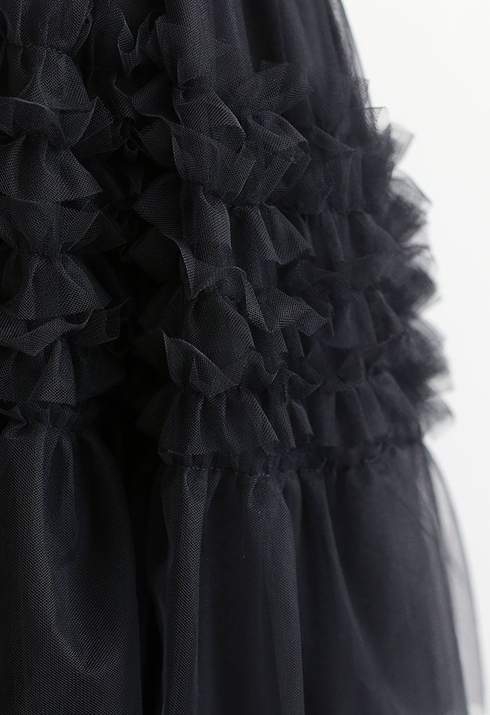 Ruffle Tiered Hi-Lo Mesh Tulle Skirt in Black