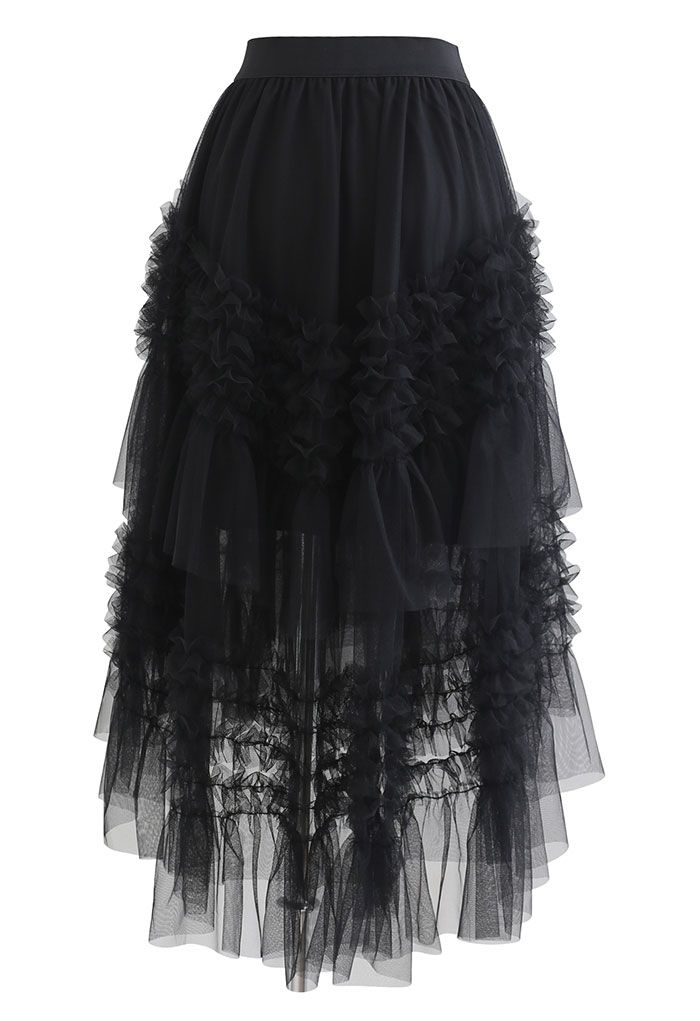 Ruffle Tiered Hi-Lo Mesh Tulle Skirt in Black