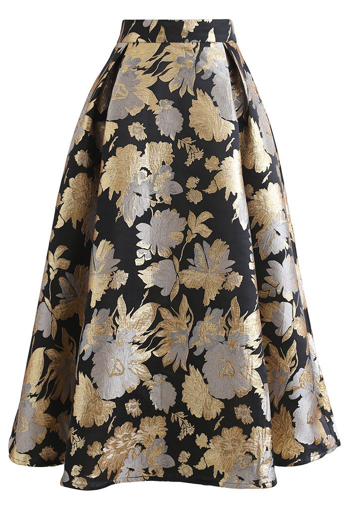Golden Bouquets Jacquard A-Line Midi Skirt