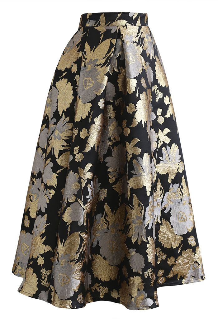 Golden Bouquets Jacquard A-Line Midi Skirt
