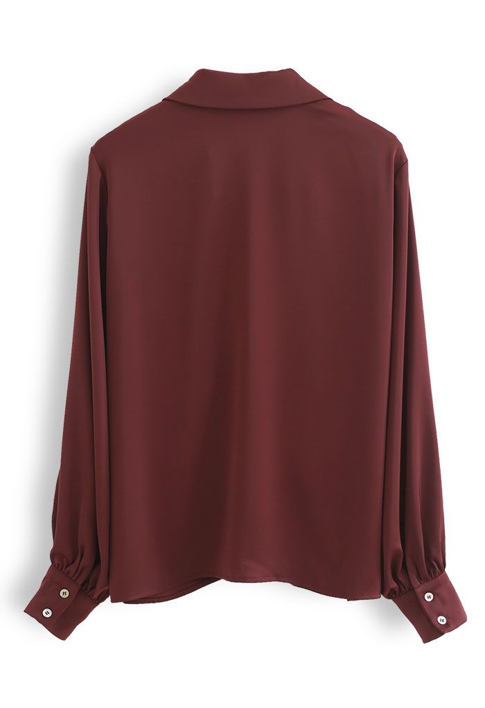 Ruched V-Neck Button Down Satin Top in Burgundy