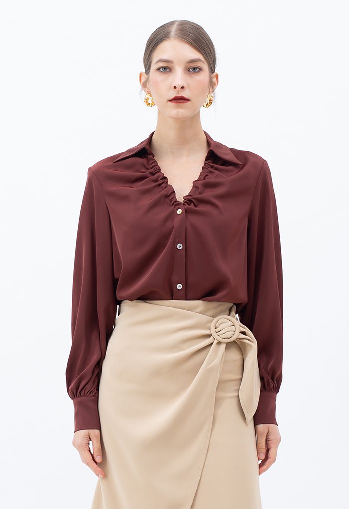 Ruched V-Neck Button Down Satin Top in Burgundy